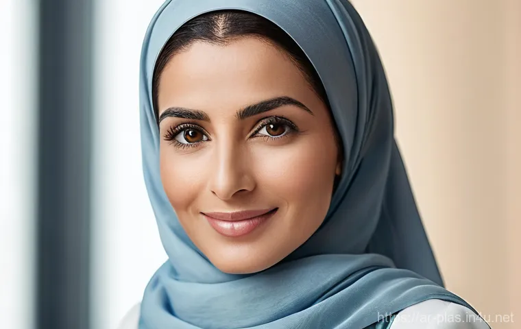 눈 성형 유지 기간 - "A serene and elegant Arab woman in her late 40s, with a gentle smile, looking directly at the viewe...