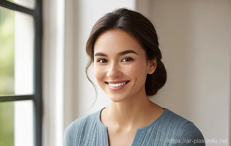 성형외과 보험 혜택 - A young adult, perhaps a woman in her late 20s, with a radiant and healthy complexion, smiling genui...