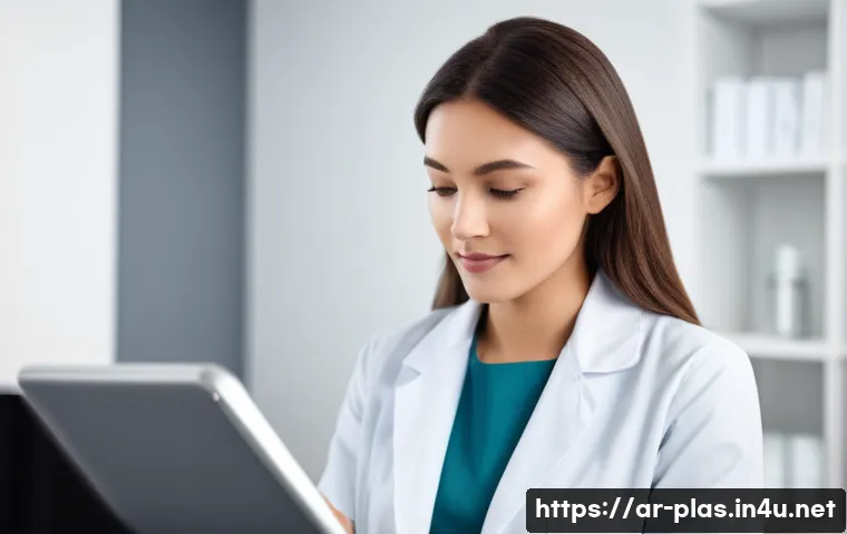 성형외과 수술 실패 사례 - **Prompt:** A clean, brightly lit modern consultation room. A kind, professional female doctor, dres...