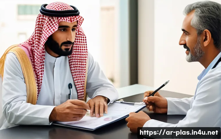 성형외과 보험 적용 가능성 - A professional medical consultation scene in a modern clinic in Saudi Arabia, showing an Arab male d...