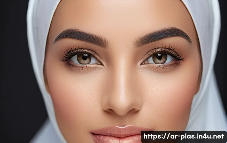 입술 필러 지속 기간 - A close-up portrait of an elegant Middle Eastern woman in her 30s, showcasing naturally full lips en...