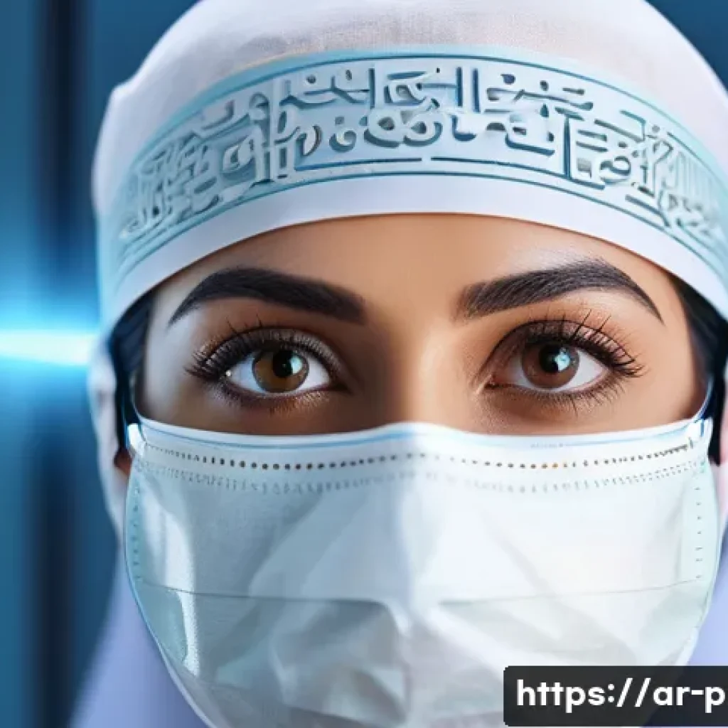 눈 교정 실패 사례 - A detailed close-up of an Arab woman in a modern clinical eye surgery center, wearing modest medical...