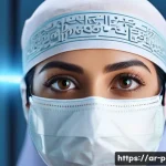 Home 21 눈 교정 실패 사례 - A detailed close-up of an Arab woman in a modern clinical eye surgery center, wearing modest medical...