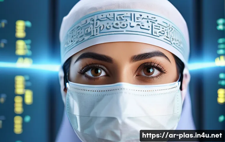 눈 교정 실패 사례 - A detailed close-up of an Arab woman in a modern clinical eye surgery center, wearing modest medical...