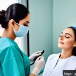 Home 18 성형외과 기술 차별화 - A modern cosmetic clinic setting in Riyadh with a Middle Eastern female patient wearing tasteful, mo...