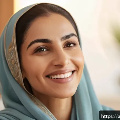 Home 17 안면 리프팅 효과 - A serene Middle Eastern woman in her early 30s performing facial exercises in a sunlit modern living...