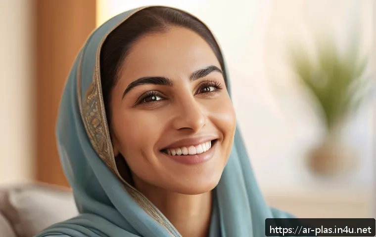 안면 리프팅 효과 - A serene Middle Eastern woman in her early 30s performing facial exercises in a sunlit modern living...