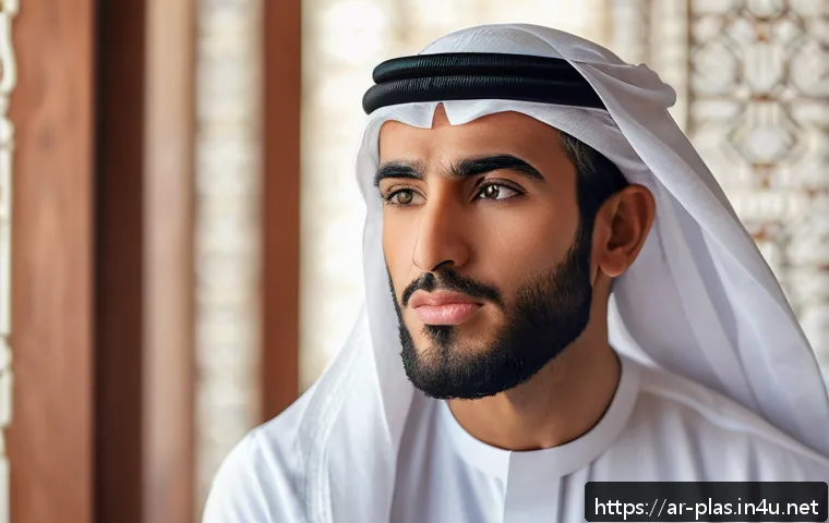 턱끝 지방 제거 효과 - A detailed, realistic portrait of an Arab man performing chin and jaw exercises in a serene indoor s...